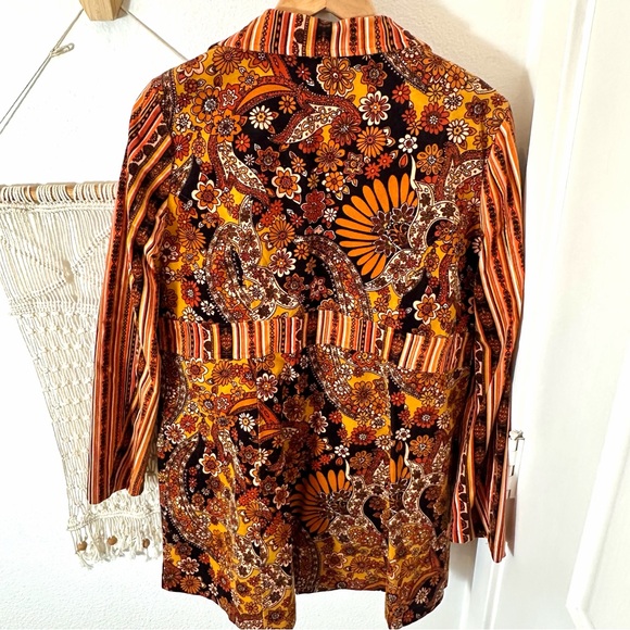 70s Boho Vintage Floral Flower Power Patchwork Trench Coat in Brown & Mustard XL - Picture 4 of 14